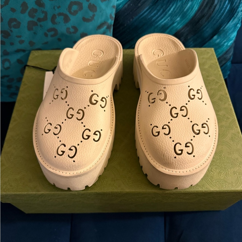 Gucci Cream Perforated GG Platform Clog Mules